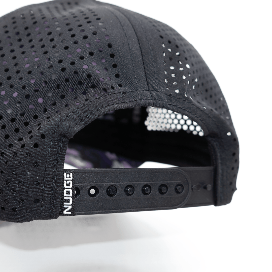 Back view of a black Kansas State hat with snapback adjustable closure.