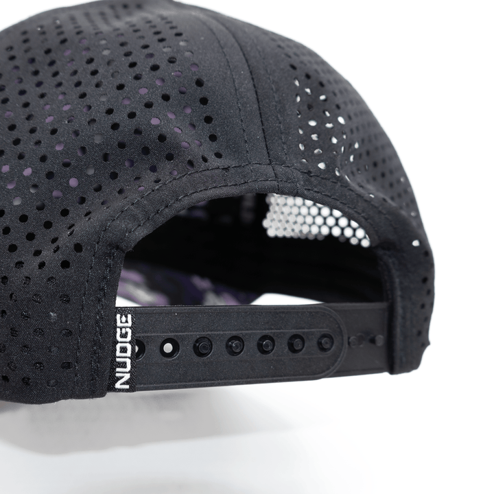 Back view of a black Kansas State hat with snapback adjustable closure.