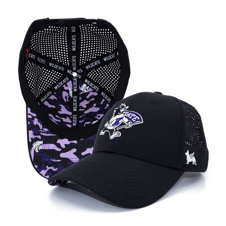 Black Kansas State hat featuring an embroidered Willie the Wildcat on the front and custom purple camo pattern. 