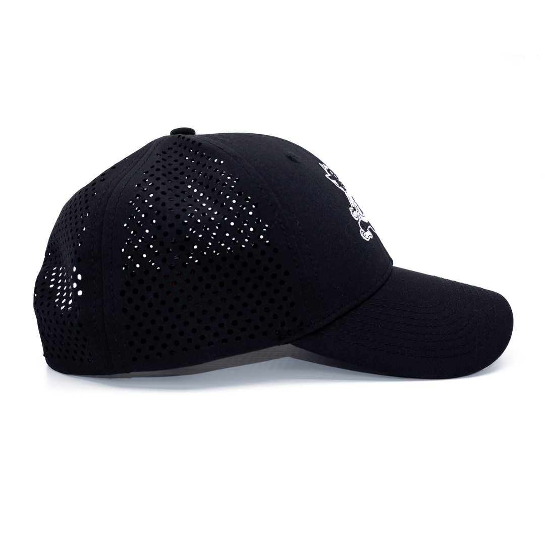 Right side view of black Kansas State hat with laser cut holes in back panels