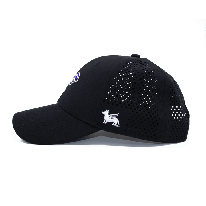 Left side view of black Kansas State hat with laser cut fabric breathable holes