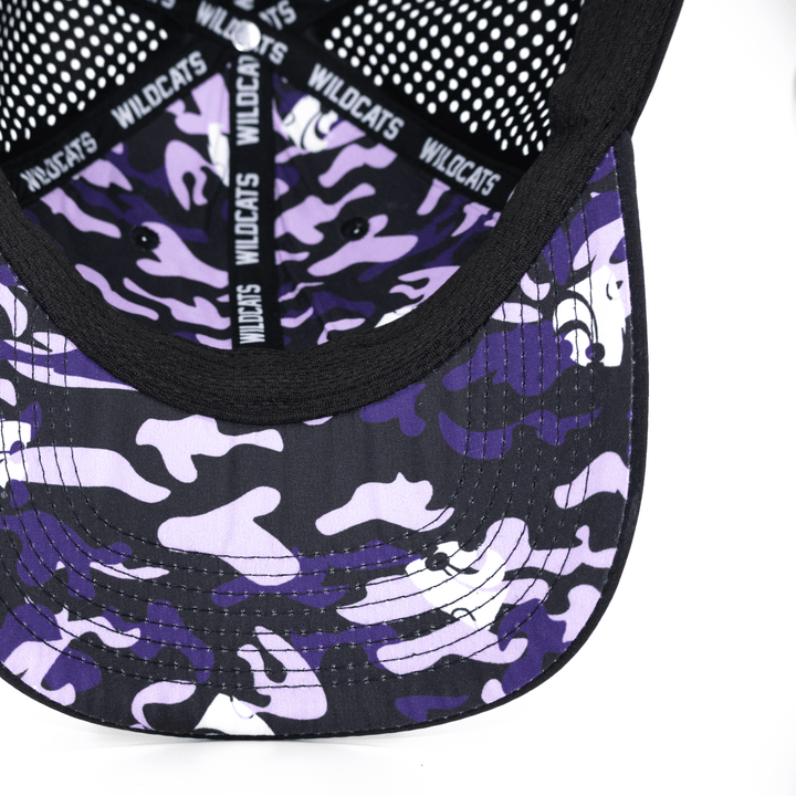 Close up view of black Kansas State hat with custom purple and black KSU camo pattern on the inside bill and lining.