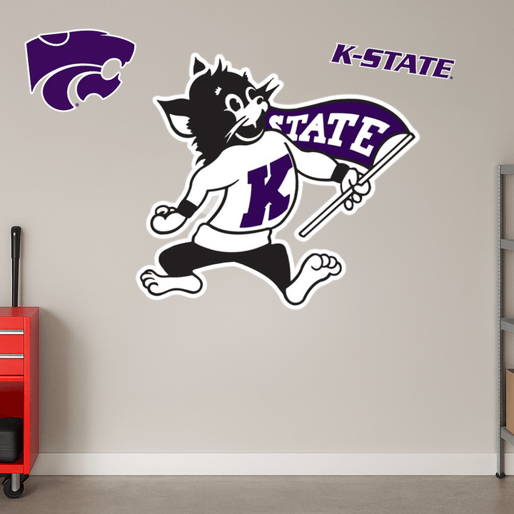 Kansas State University K-State wall decal mock up in a garage with Willie the Wildcat logo