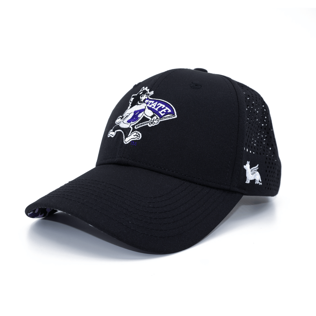 Angled view of a black Kansas State hat featuring Willie the Wildcat logo embroidered on the front.