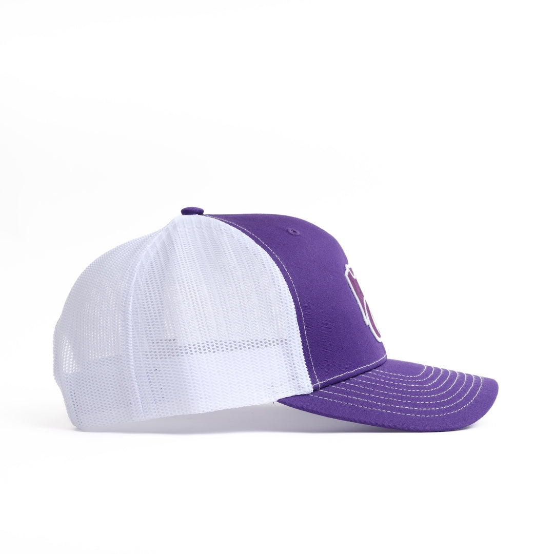 Left side of purple and white Kansas State University Powercat Hat