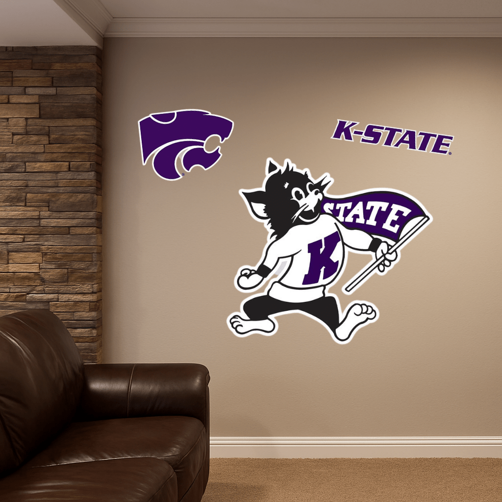 Kansas State University K-State Willie the Wildcat Wall Decals in Basement mockup with brown leather couch and tan walls