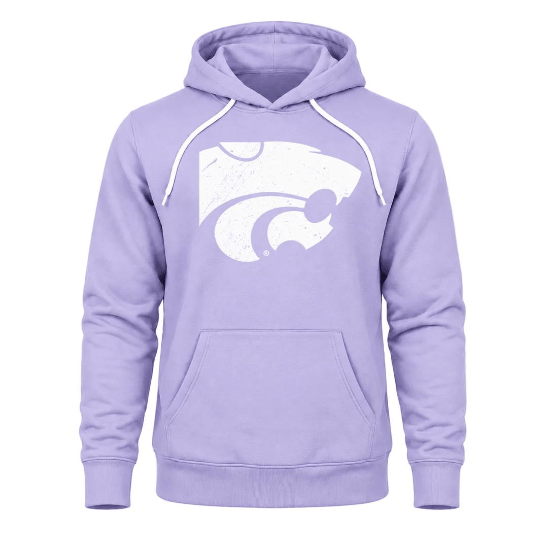 Purple hoodie with a white logo on a white background