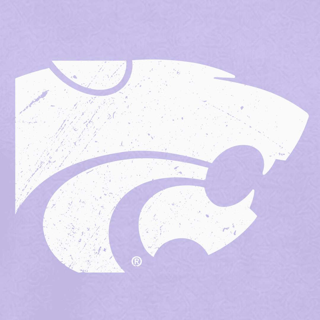 White Kansas State Powercat logo on a purple hoodie up close