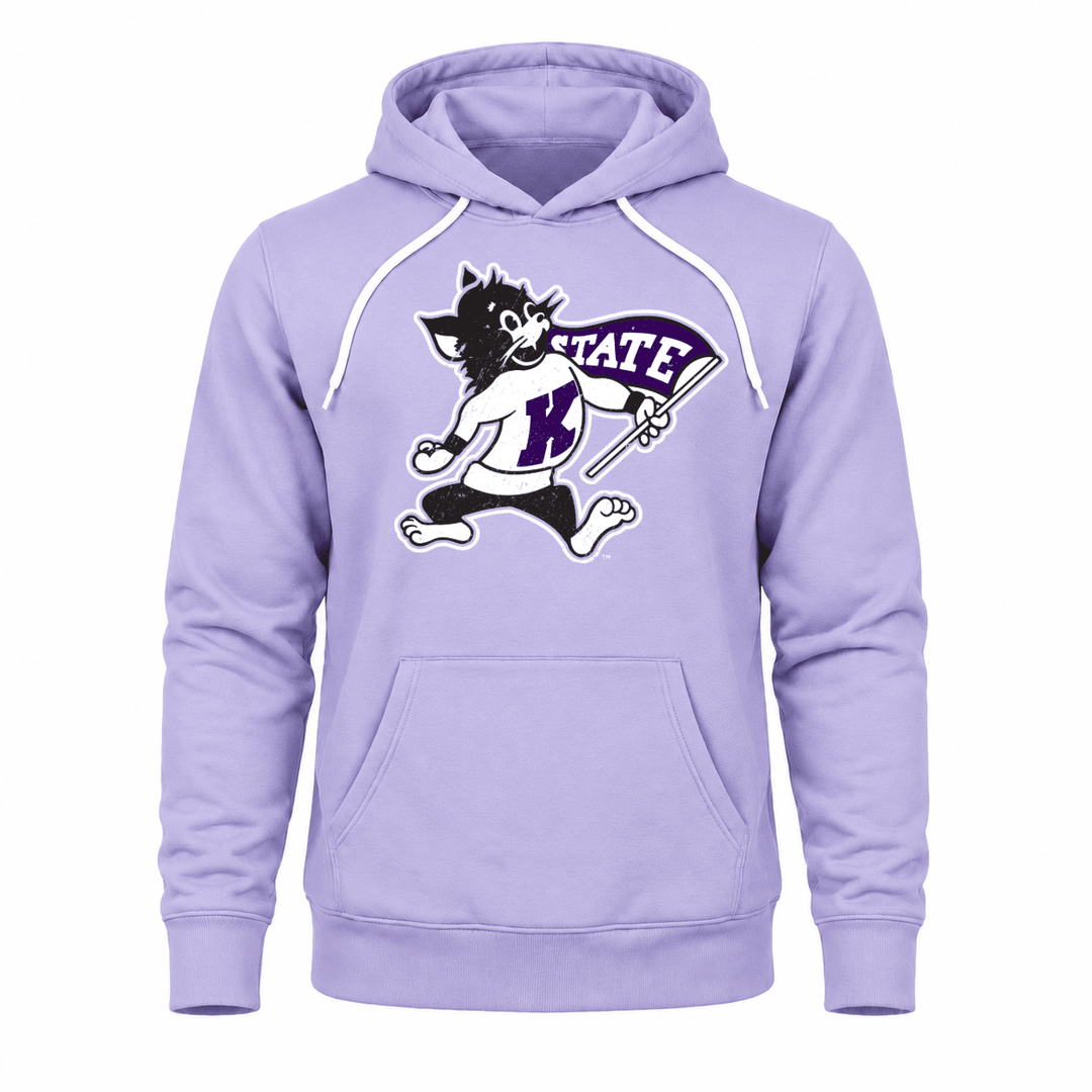 K-State Lavender Purple hoodie with a Willie the Wildcat logo on a white background