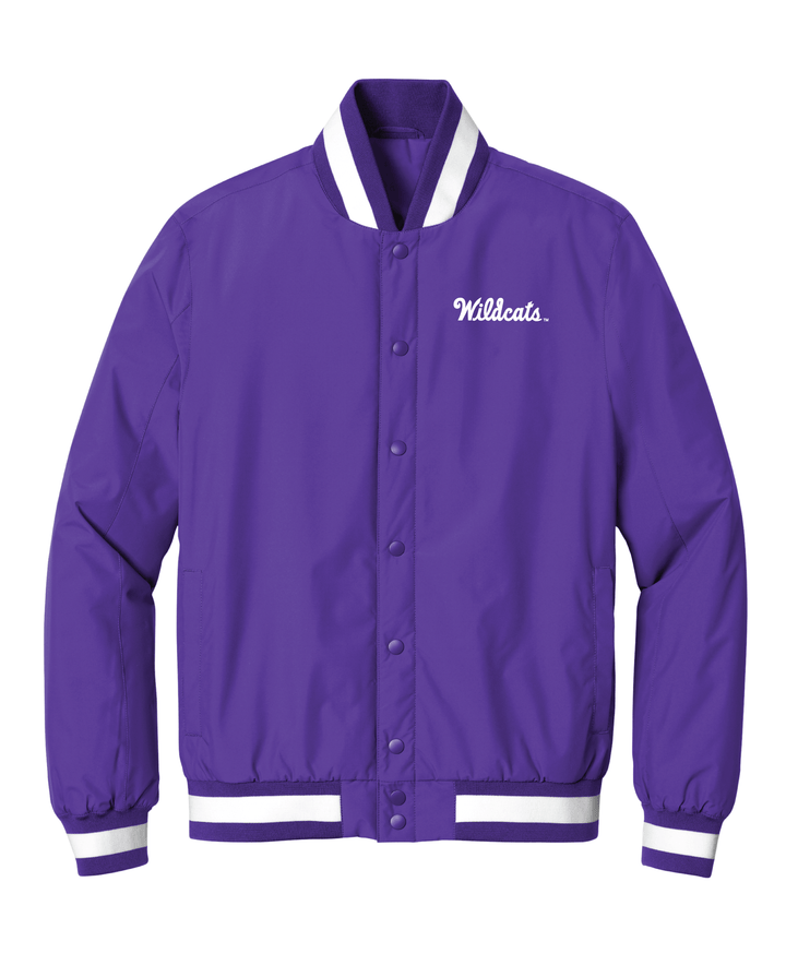 Purple Kansas State Varsity Jacket with embroidered "Wildcats" logo in white thread on the left chest