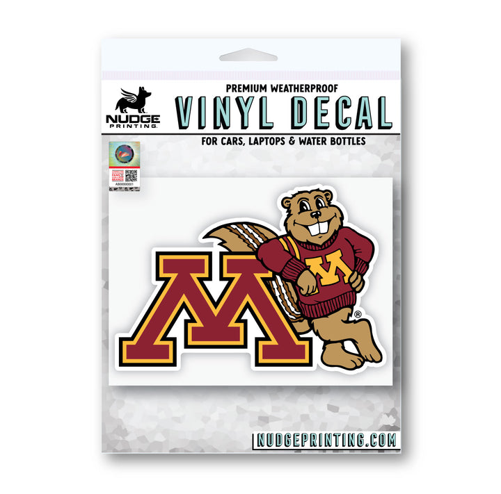 University of Minnesota Goldy Gopher Leaning on "M" Car Sticker from Nudge Printing
