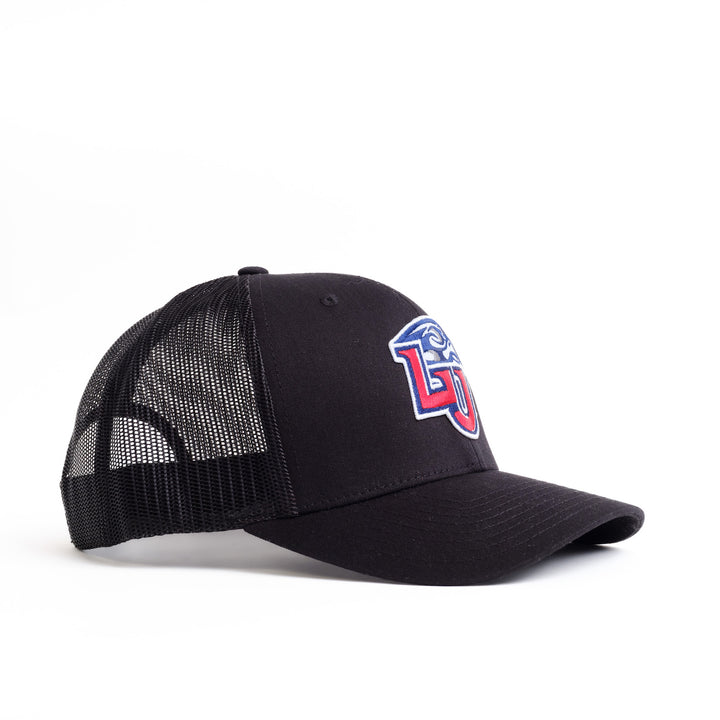 Angled view of Liberty University Black Trucker Hat