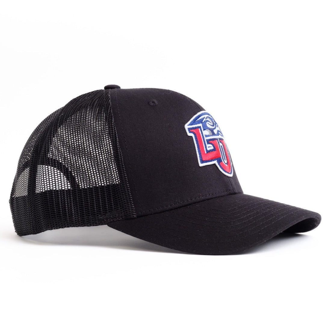 Angled view of Liberty University Black Trucker Hat