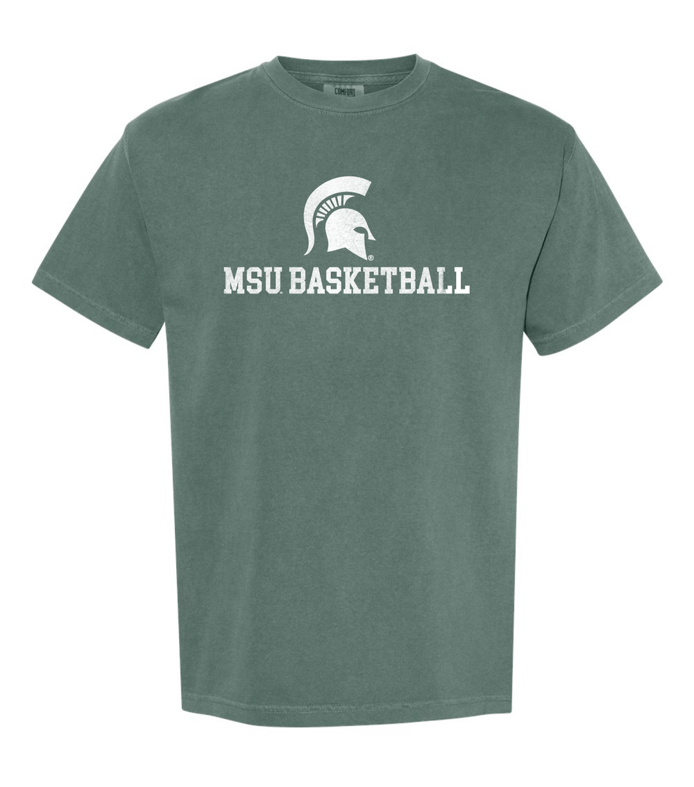 Green Comfort Colors Michigan State Shirt with MSU Basketball