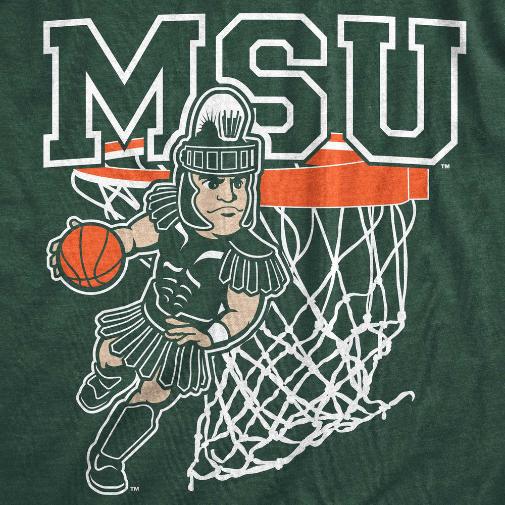 Close up of green Michigan State Sweatshirt printed with Sparty playing basketball
