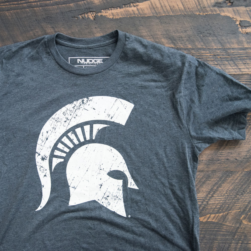 Lifestyle Photo of Charcoal Spartan Helmet T Shirt from Nudge Printing