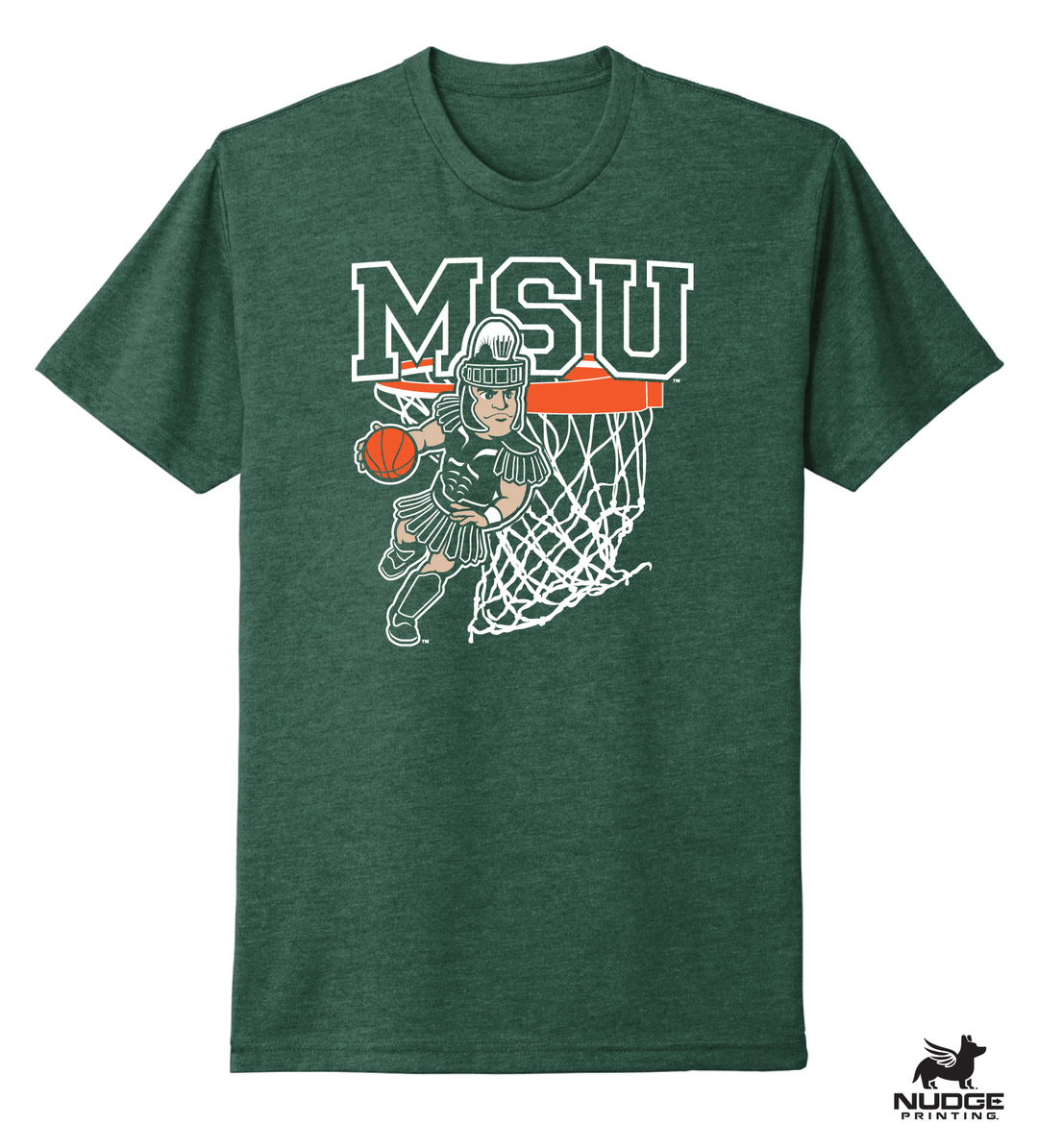 Green Michigan State T Shirt with Sparty Playing Basketball