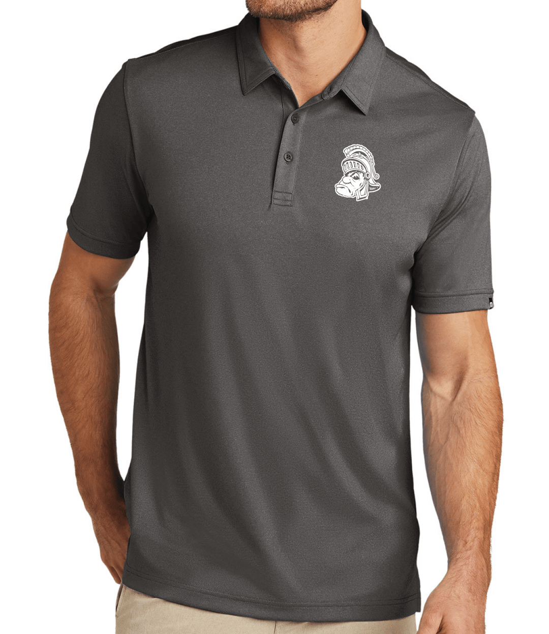 Travis Mathew Michigan State Grey Polo Gruff Sparty on Model