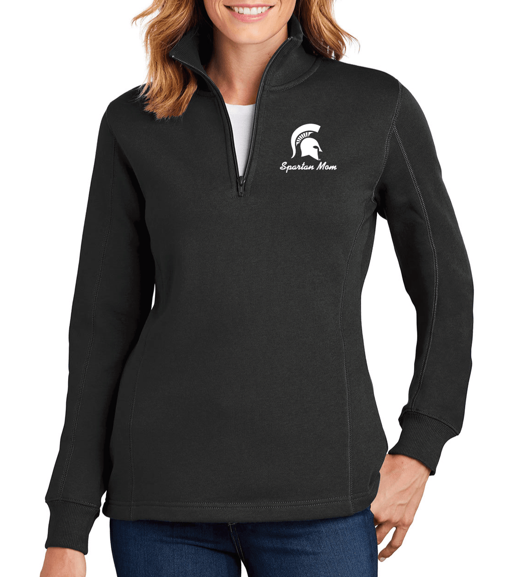 Michigan State Black Womens Quarter-zip with Spartan Mom embroidered on left chest on female model with White background