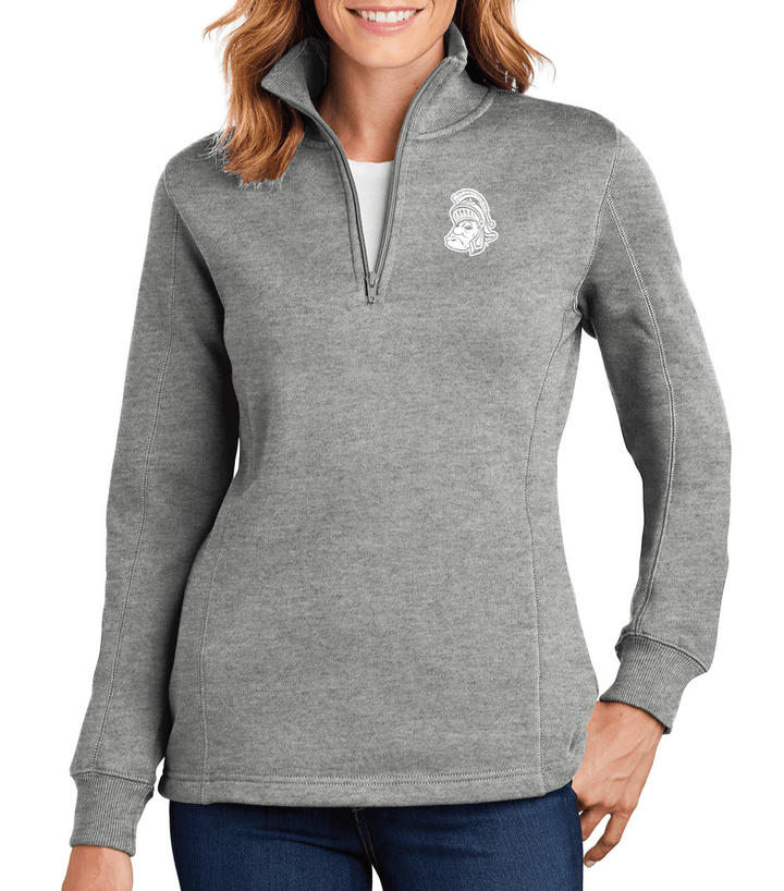 Michigan State University Gruff Sparty Women's Quarter Zip Grey Pullover mockup on female model with white background