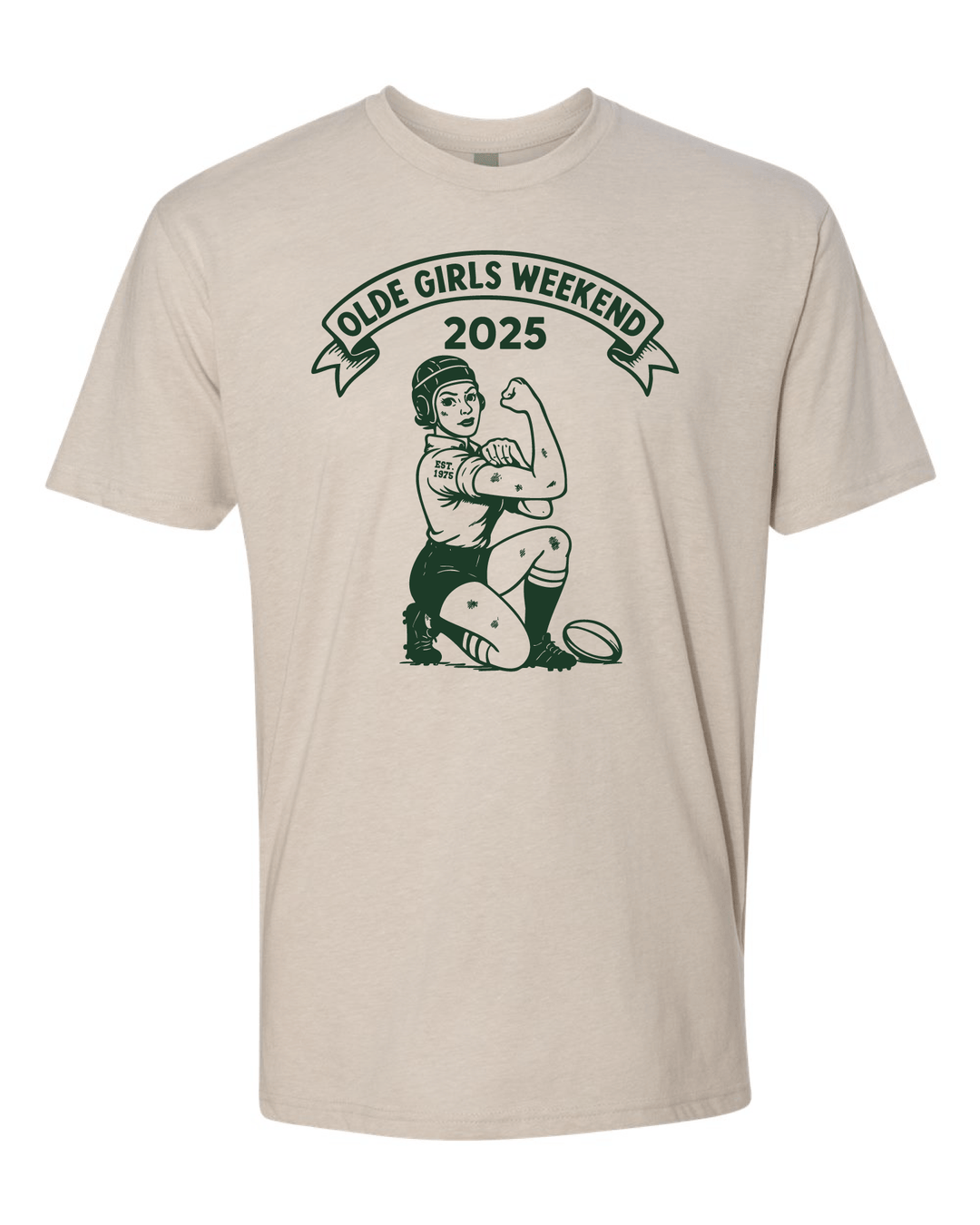 Beige t-shirt with graphic design of a woman flexing her arm and 'Olde Girls Weekend 2025' text on a white background