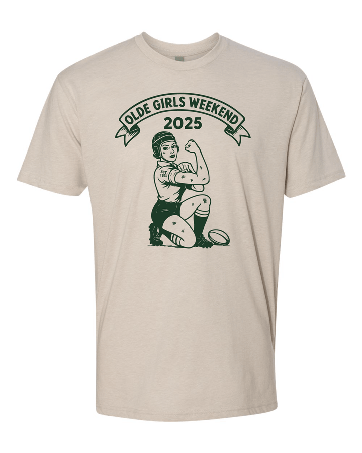 Beige t-shirt with graphic design of a woman flexing her arm and 'Olde Girls Weekend 2025' text on a white background