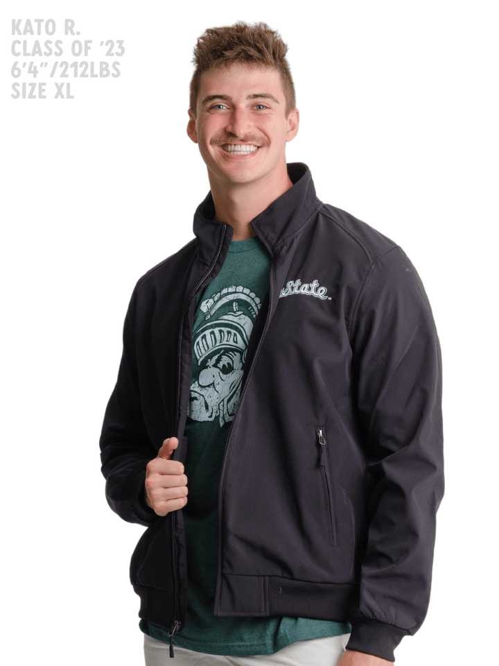 Black Michigan State bomber jacket on male model