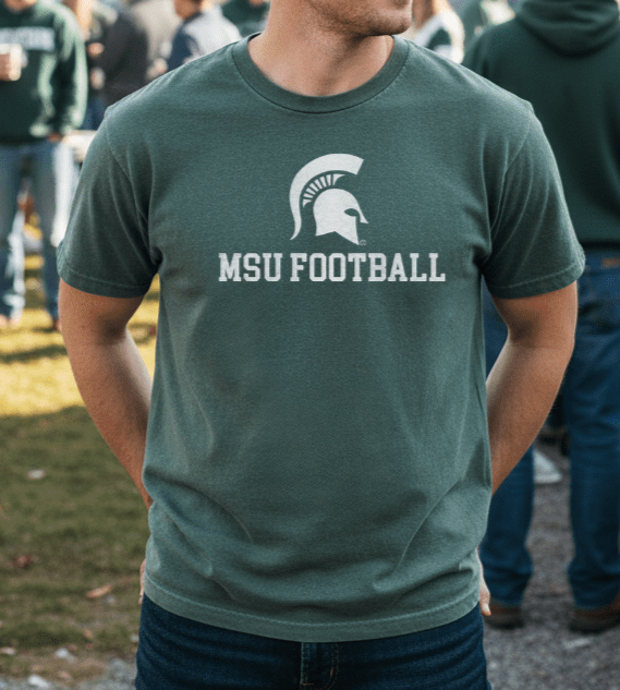 Michigan State Comfort Colors Footballl Shirt on man at Tailgate on campus