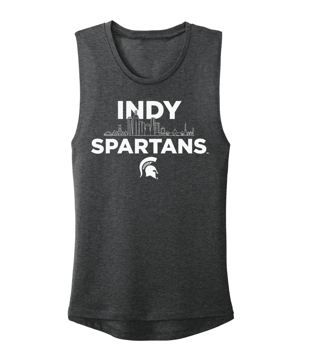 A dark heather gray sleeveless tank top featuring a white graphic print that reads 'INDY SPARTANS' with a skyline silhouette and Spartan helmet logo, shown on a plain white background.