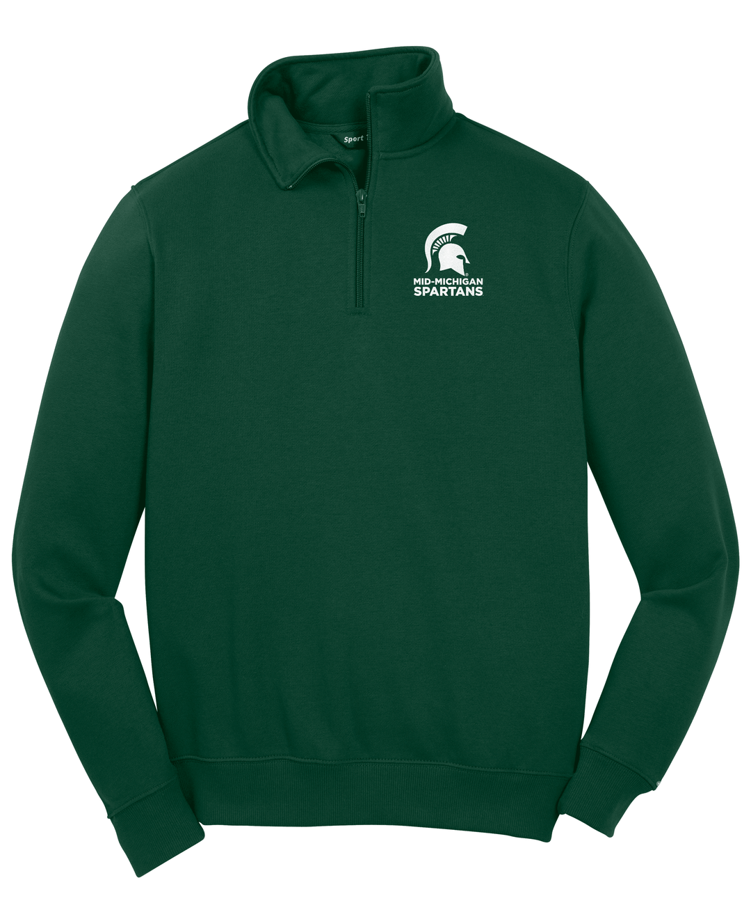 Green quarter-zip sweatshirt with a MSU Mid-Michigan Spartans logo on the chest against a white background