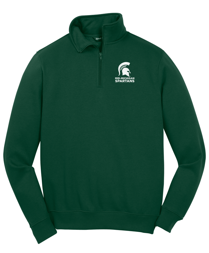 Green quarter-zip sweatshirt with a MSU Mid-Michigan Spartans logo on the chest against a white background