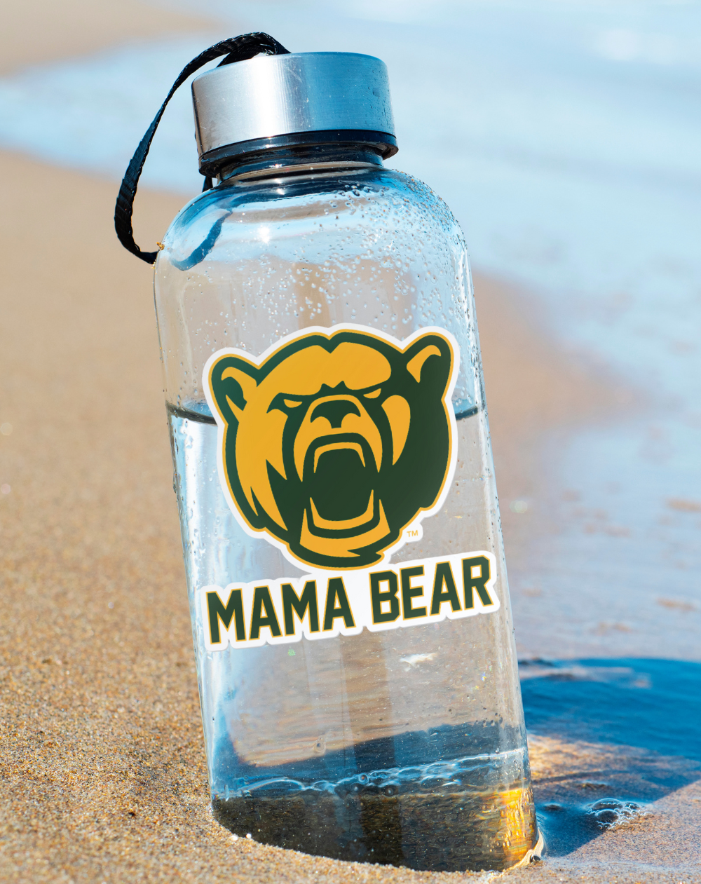 Baylor University Mama Bear - Original Design - Car Decal Bumper Sticker on Water Bottle at the Beach