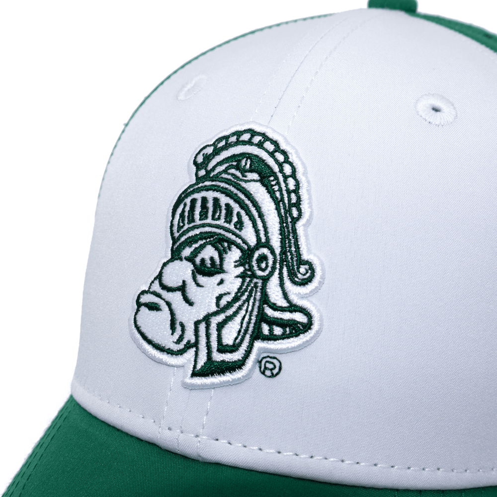 Close up view of Michigan State hat with Gruff Sparty embroidery 