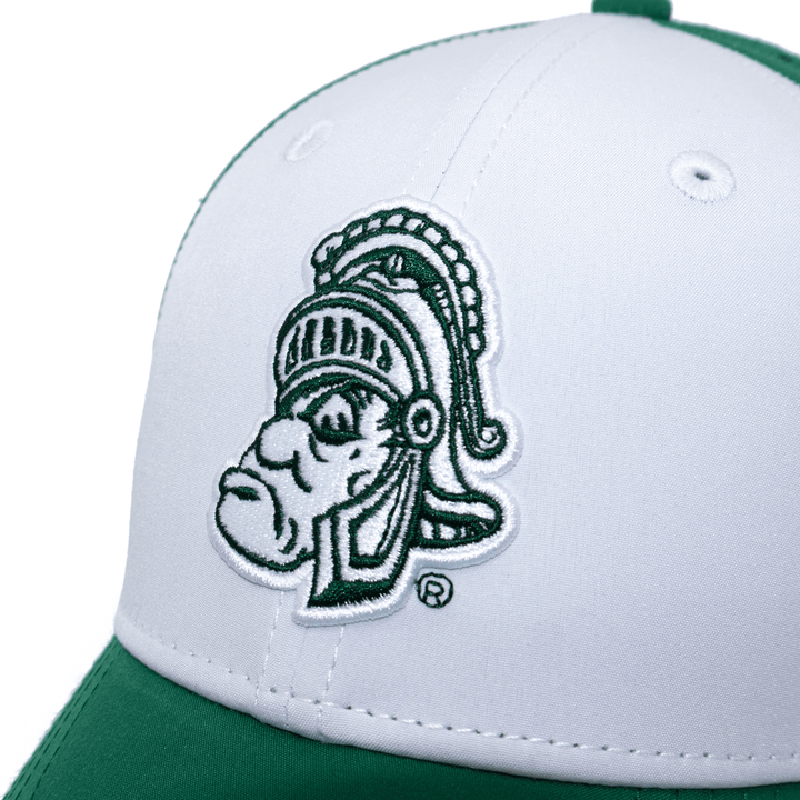 Close up view of Michigan State hat with Gruff Sparty embroidery 