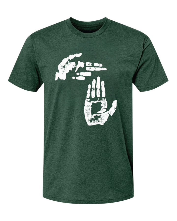 A dark green heathered short-sleeve t-shirt with a distressed white graphic of two hand silhouettes on the front, displayed against a solid white background.