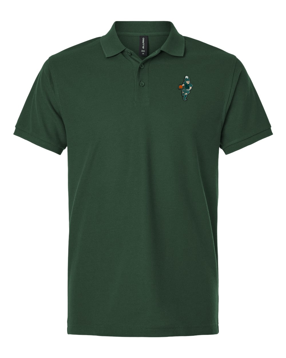 Front view of forest green Michigan State AllPro polo featuring a small embroidered color Basketball Sparty patch on the right chest, classic collar with green buttons, and short sleeves.