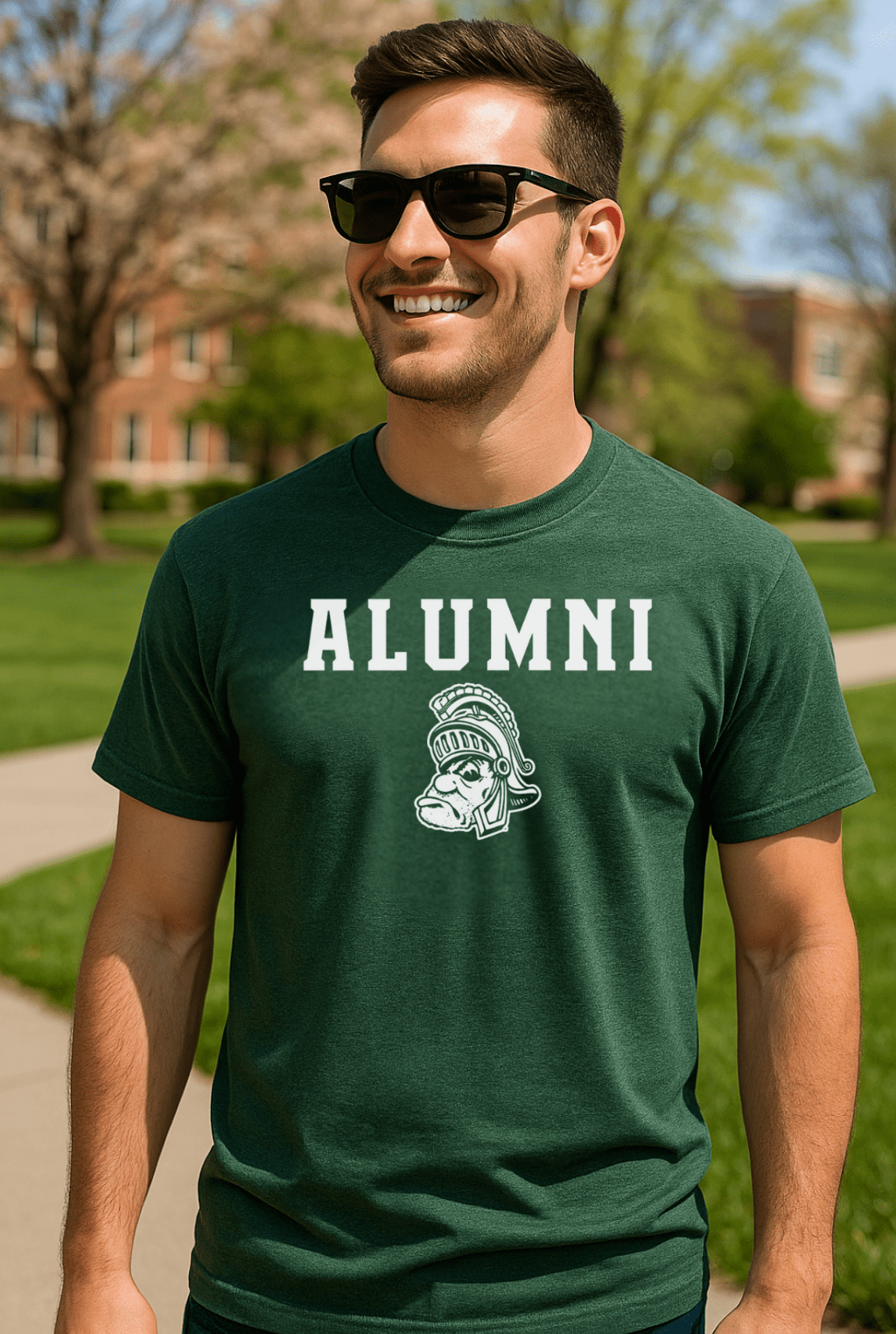 Young man wearing a Michigan State Alumni T-shirt with Gruff Sparty logo on campus during spring, smiling in sunglasses with green trees and academic buildings in the background