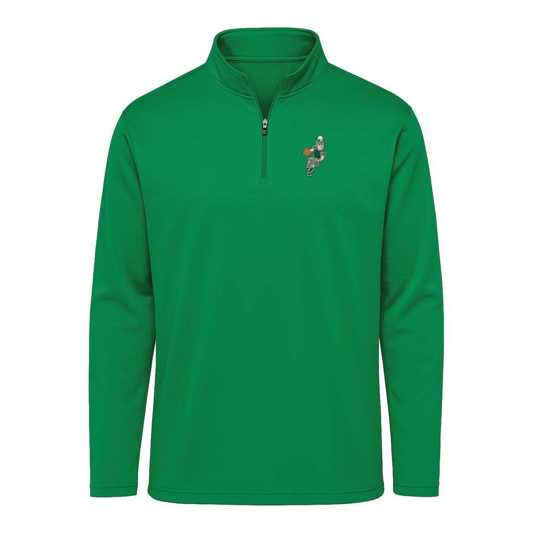 Kelly green Michigan State performance quarter zip shirt with Basketball Sparty embroidered patch on the left chest.