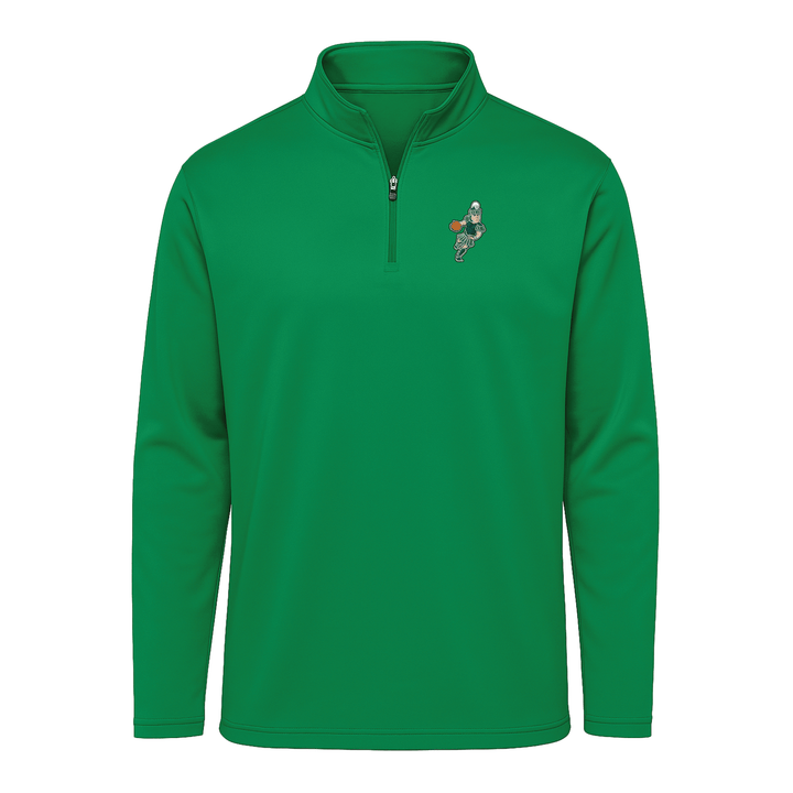 Kelly green Michigan State performance quarter zip shirt with Basketball Sparty embroidered patch on the left chest.