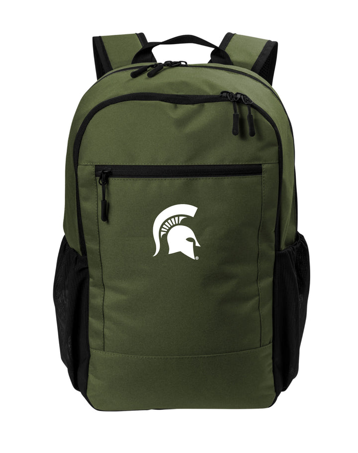 Green backpack with white Michigan State Spartan Helmet logo on the front