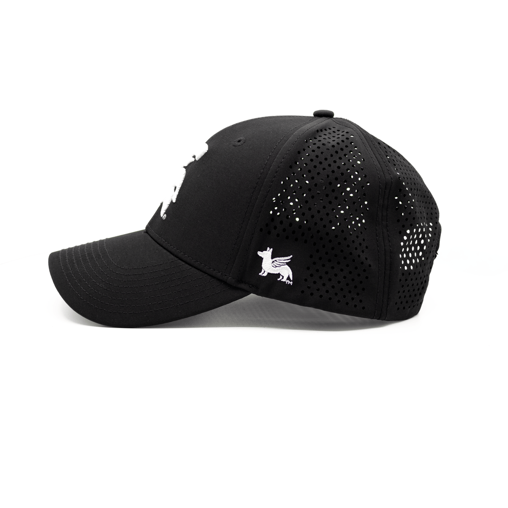 Left side view of a black Michigan State hat with Spartan Helmet logo on the front and Nudge Printing logo on the side.