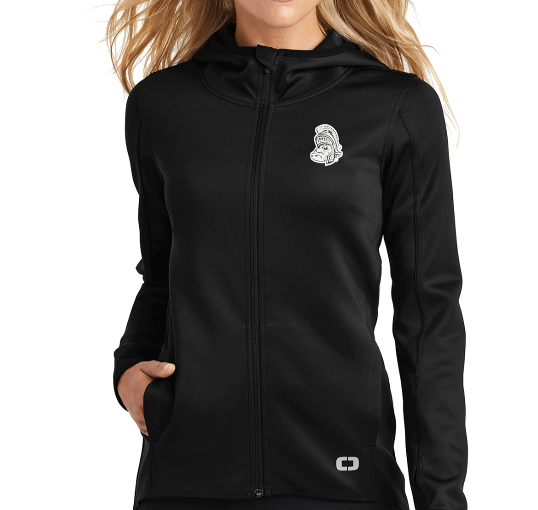 Women's Michigan State OGIO Hoodie with Gruff Sparty Logo Black performance jacket on model with white background