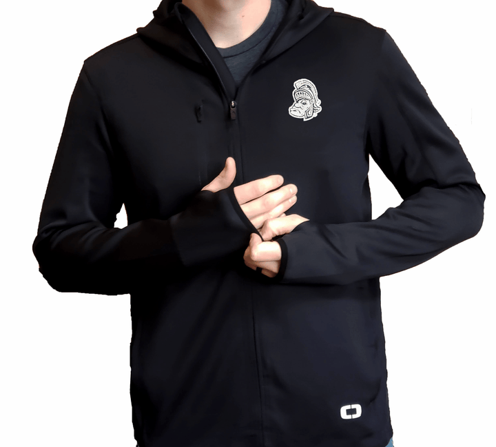 Michigan State Apparel Black OGIO Performance Hooded Jacket with Gruff Sparty logo on chest with white background on Model