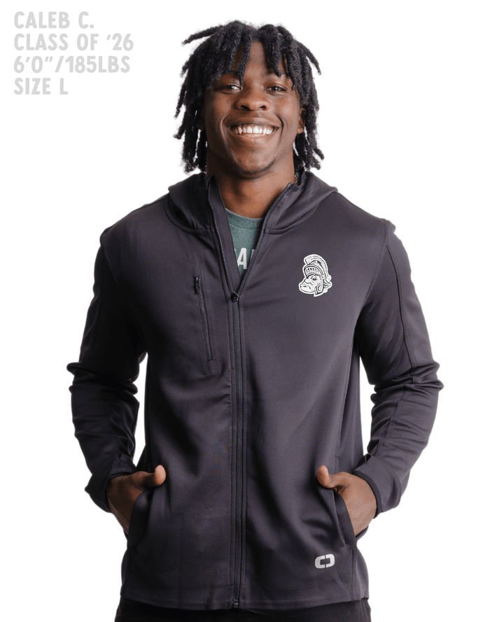 Michigan State Gruff Sparty Black Hooded Performance Jacket on Student with whitebackground