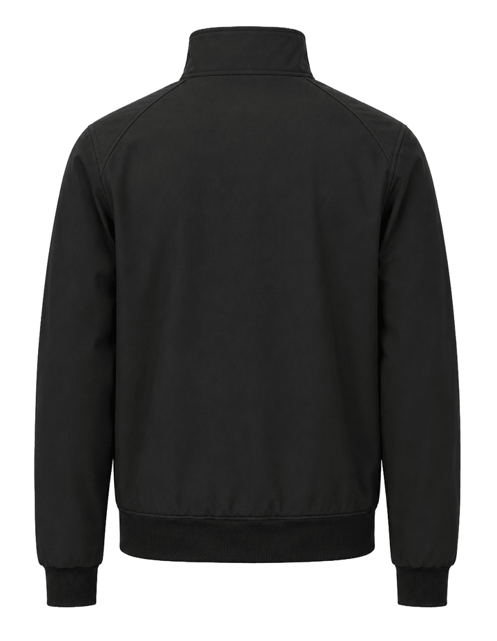 Back view of black Michigan State bomber jacket showing the plain back panel, raglan sleeves, ribbed cuffs, and ribbed waistband.