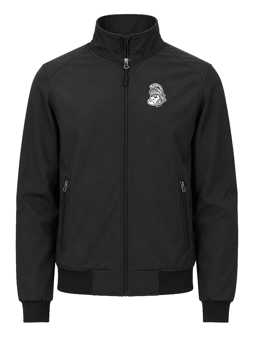 Front view of black Michigan State bomber jacket featuring an embroidered Gruff Sparty patch on the right chest, full zipper, high collar, and ribbed cuffs.
