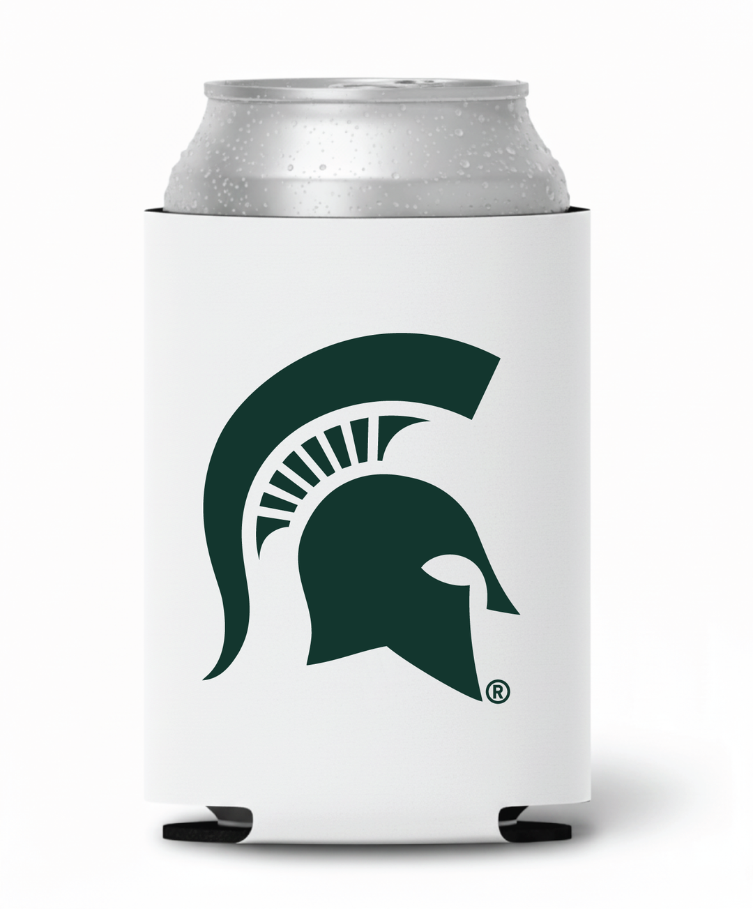 White Michigan State Can cooler with green Spartan Helmet logo