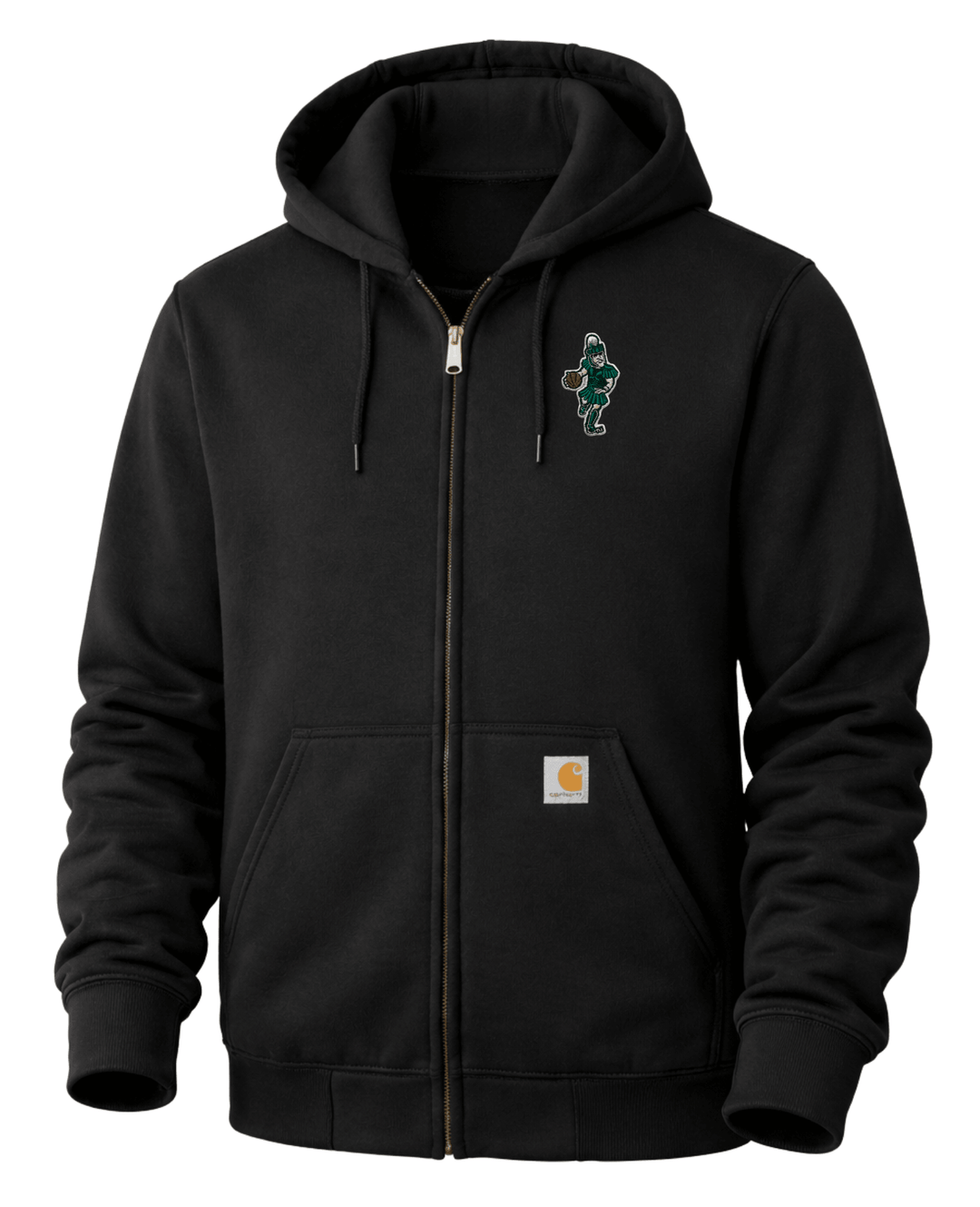 Front view of black Carhartt full-zip hoodie with embroidered Michigan State Basketball Sparty patch on the right chest, attached hood, Carhartt brand label on the front pocket, and full-length zipper.