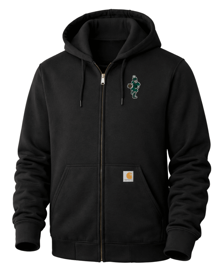 Front view of black Carhartt full-zip hoodie with embroidered Michigan State Basketball Sparty patch on the right chest, attached hood, Carhartt brand label on the front pocket, and full-length zipper.