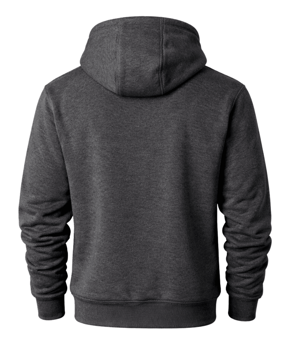 Back view of charcoal Carhartt full-zip hoodie showing the plain back panel and attached hood.